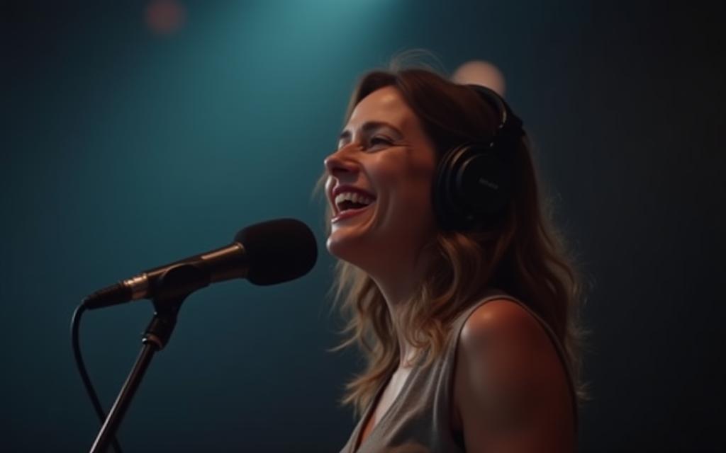 Person speaking confidently into a microphone, background blurred